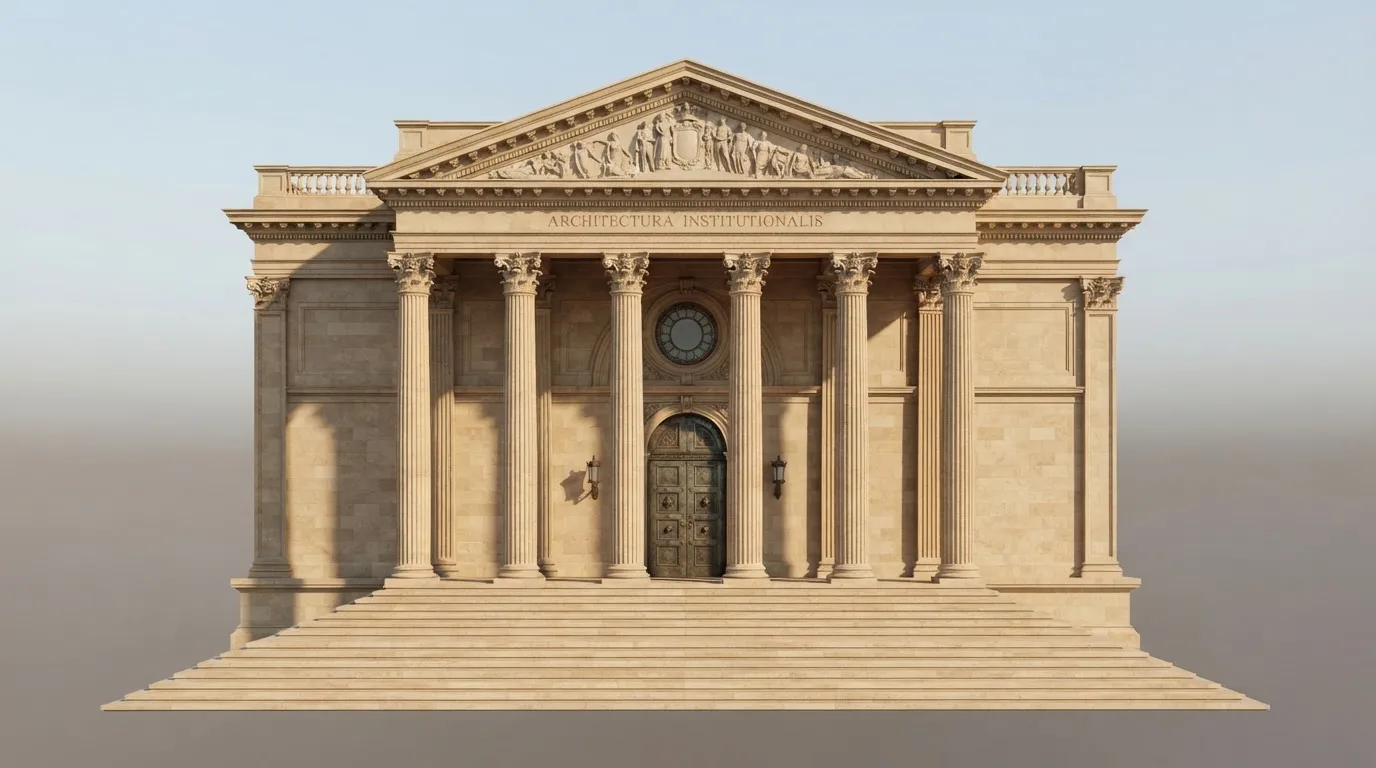 Fachada de un edificio institucional con columnas de piedra bajo un cielo azul despejado, sin ninguna persona visible.