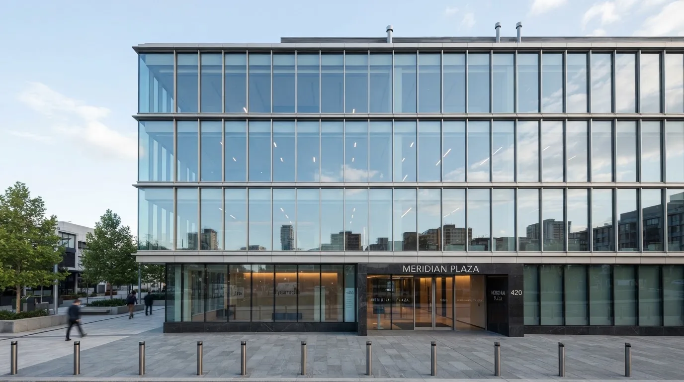 Edificio moderno de oficinas con grandes ventanales de cristal reflejando el cielo, visto desde una calle peatonal.