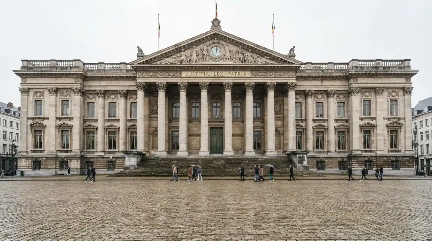 Fachada de un edificio institucional con grandes columnas y una plaza empedrada al frente, bajo un cielo nublado.