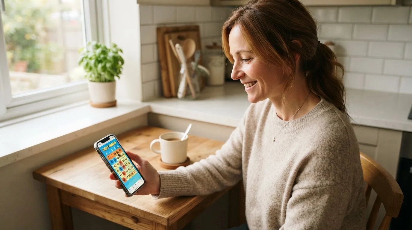 Mujer adulta sonríe mientras sostiene un teléfono móvil sentada en la cocina de su casa por la mañana.