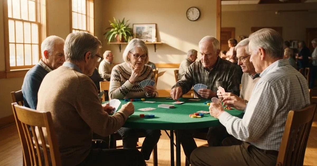 Grupo de personas mayores juega a las cartas alrededor de una mesa redonda en un salón comunitario iluminado.