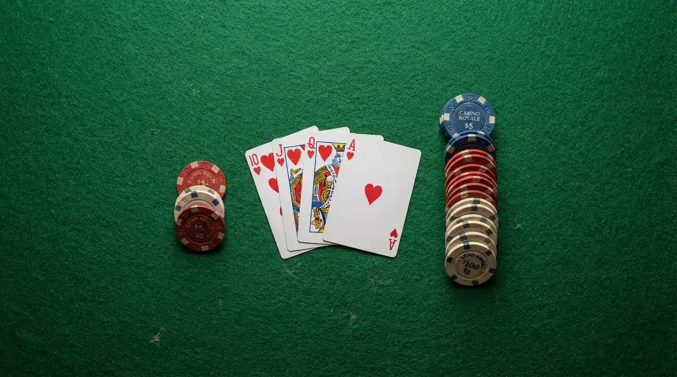 Vista cenital de una baraja de cartas y fichas de casino apiladas sobre una mesa de fieltro verde.