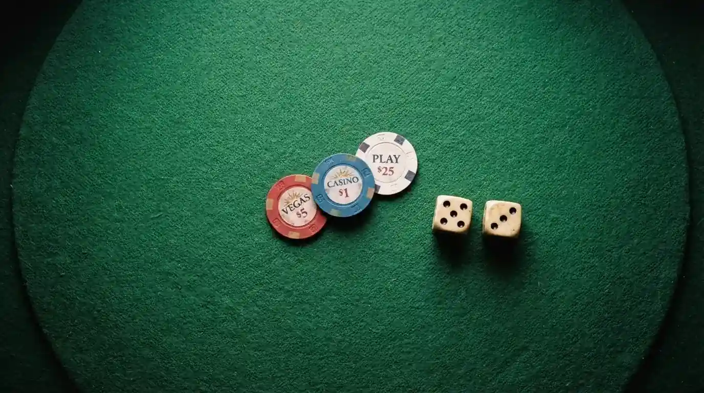 Vista cenital de fichas de casino y dados sobre una mesa de fieltro verde bajo luz suave.