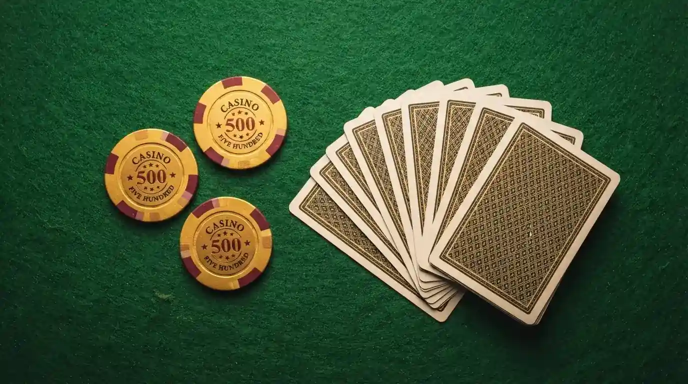 Vista cenital de fichas doradas y una baraja de cartas sobre una mesa de fieltro verde.