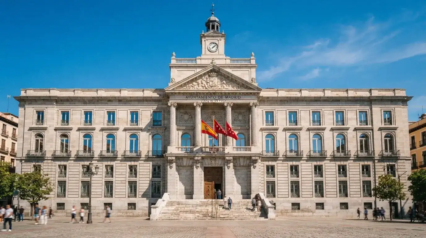 Fachada de un edificio institucional con banderas ondeando bajo un cielo despejado.
