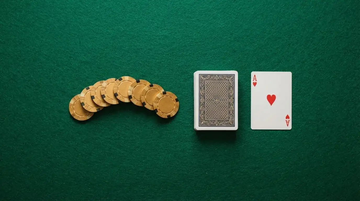 Vista cenital de fichas doradas y una baraja de cartas sobre una mesa de fieltro verde.