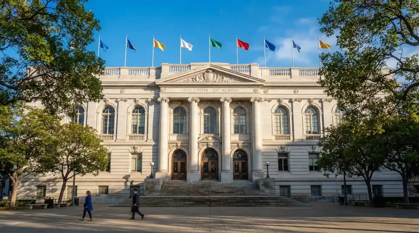 Fachada de un edificio institucional con banderas ondeando bajo un cielo despejado.