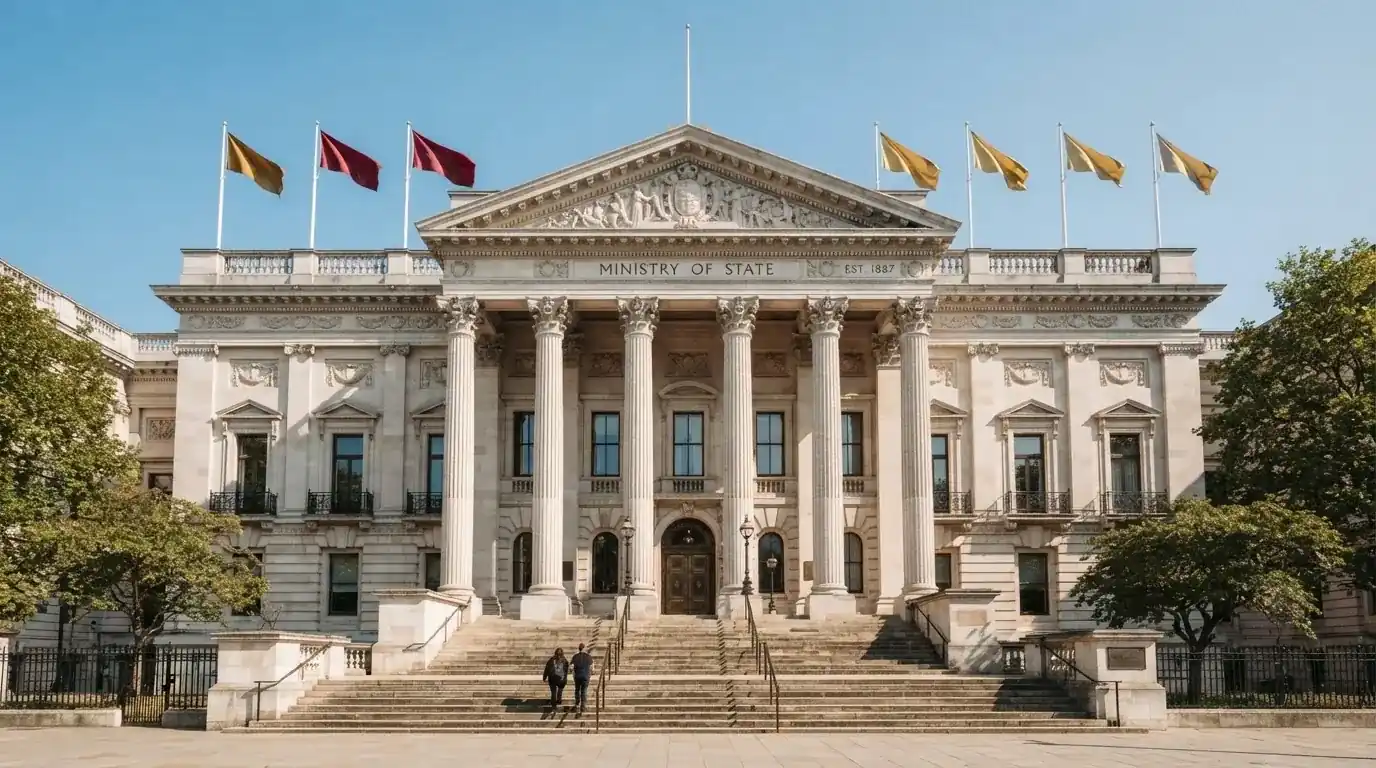 Fachada de un edificio institucional con columnas y banderas ondeando bajo un cielo despejado.