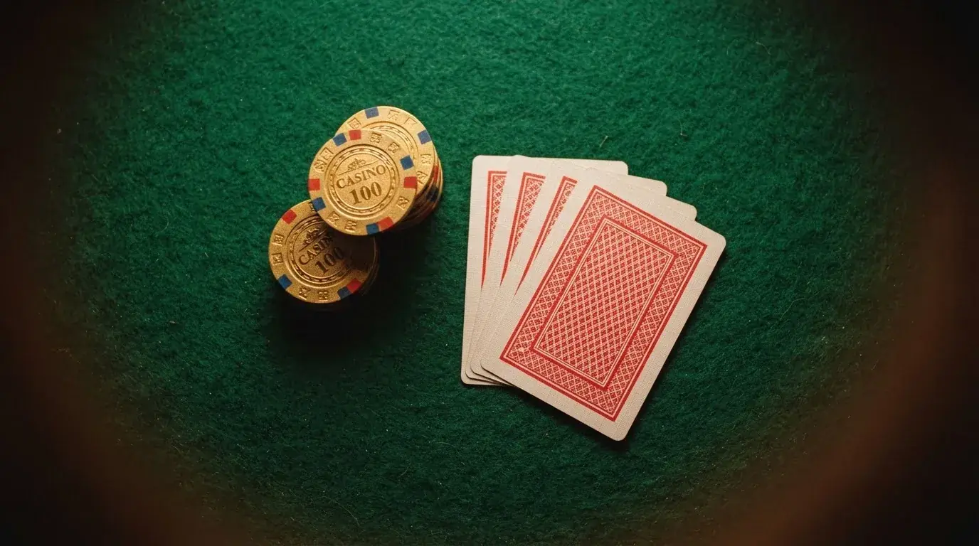 Vista cenital de fichas doradas y una baraja de cartas sobre una mesa de fieltro verde.