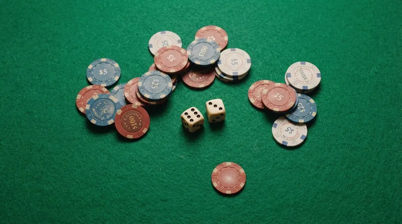 Vista cenital de fichas de casino y dados sobre una mesa de fieltro verde bajo luz suave.