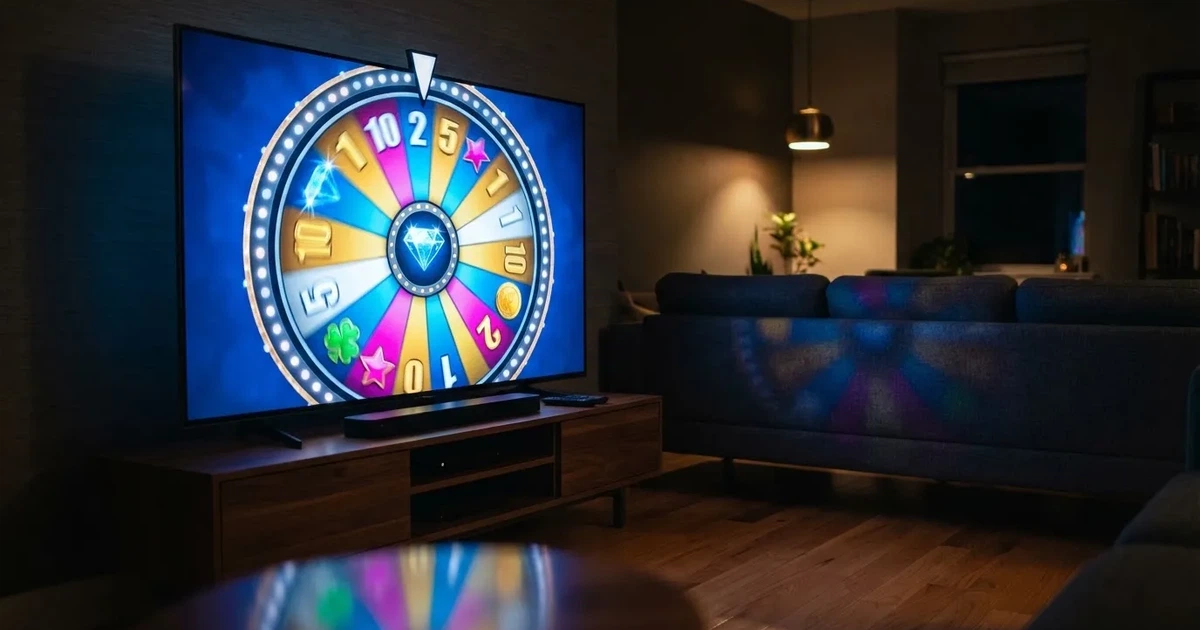 Una pantalla de televisor en un salón moderno muestra una rueda giratoria de colores brillantes bajo luces de neón por la noche.