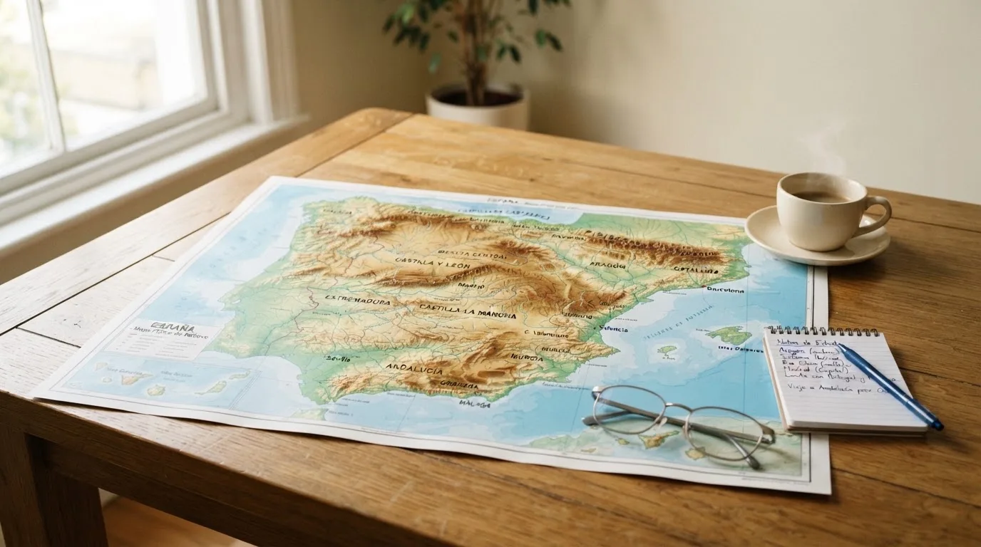 Un mapa físico de España sobre una mesa de madera junto a una taza de café y unas gafas, con luz natural entrando por una ventana.