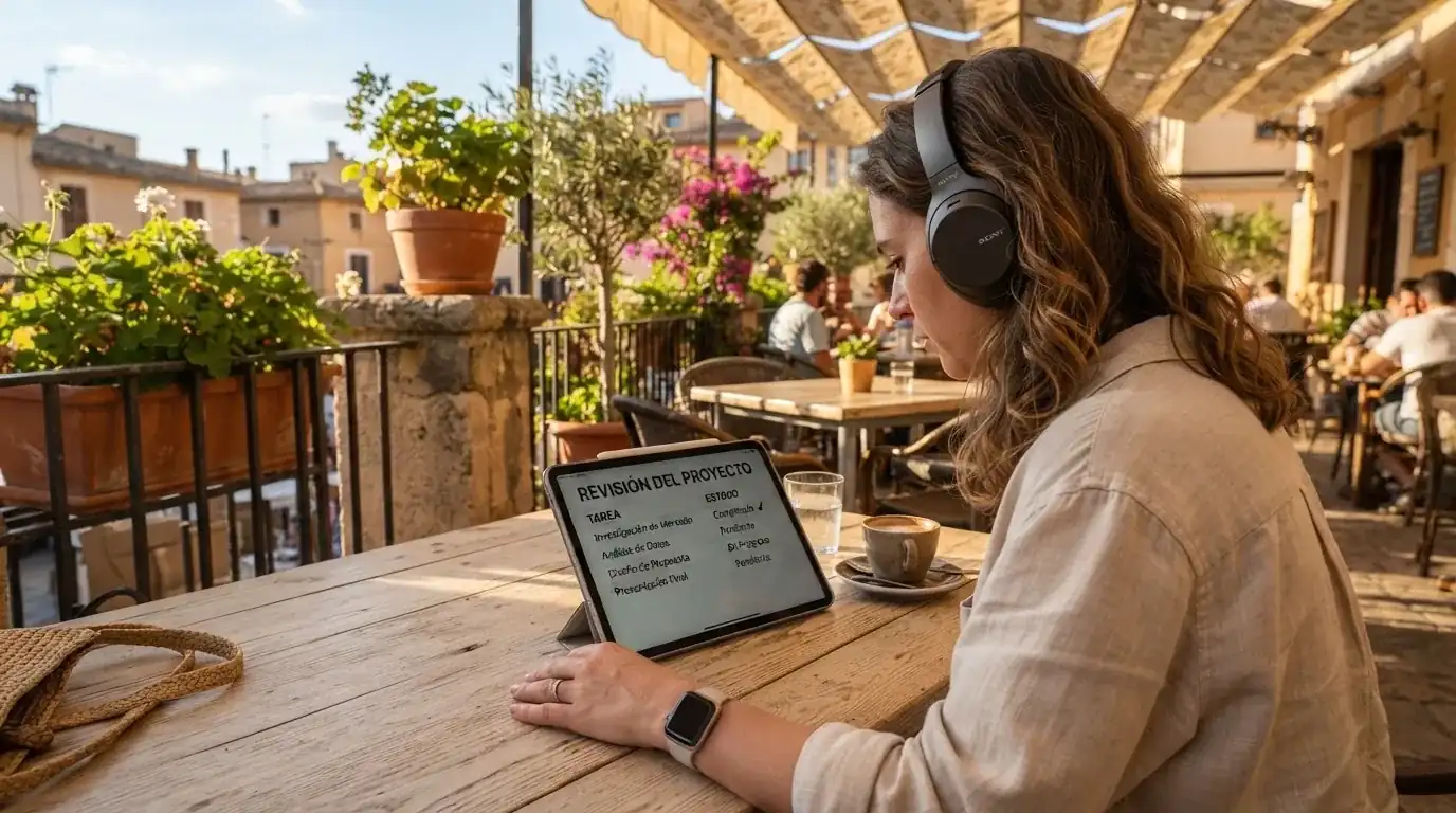 Una persona con auriculares revisa una lista en una tableta apoyada sobre una mesa de café en una terraza soleada.