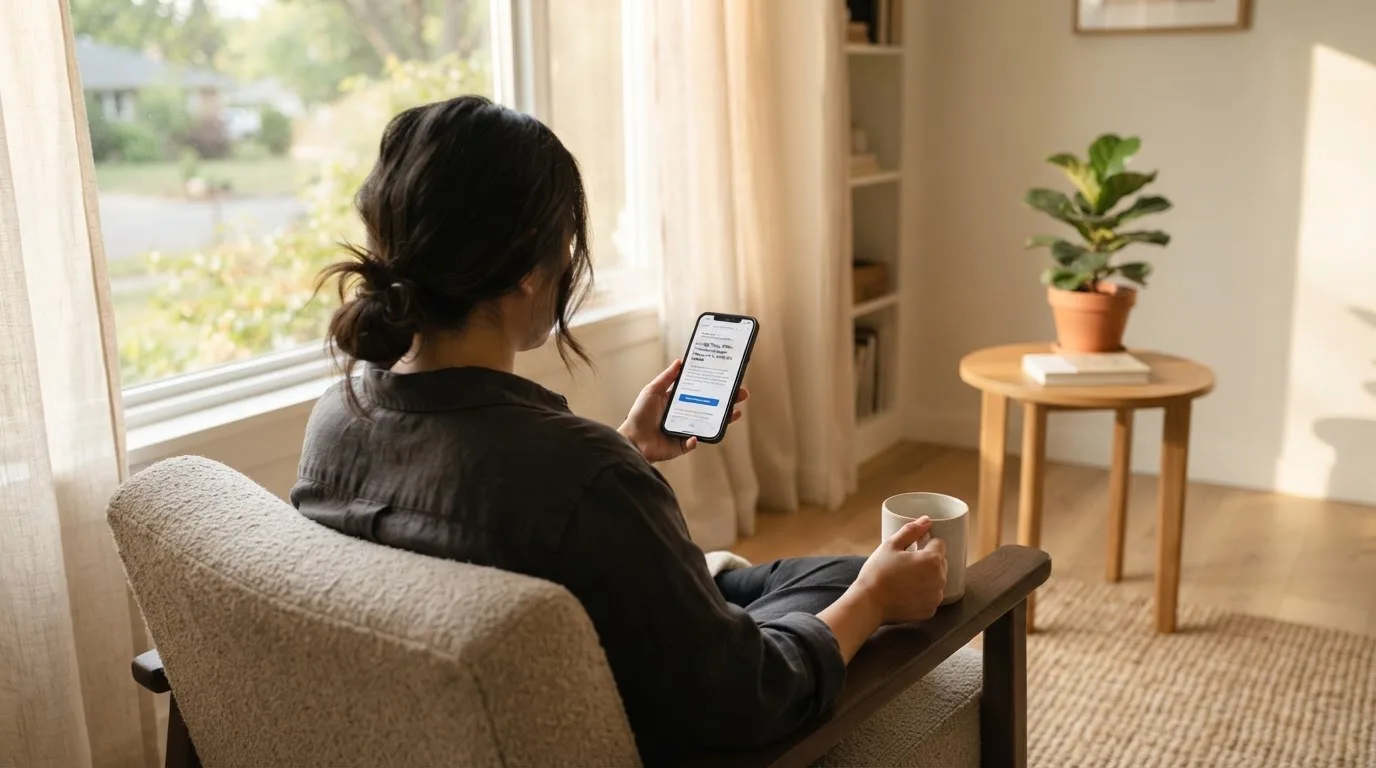 Una persona sostiene una taza de café mientras mira un teléfono móvil sentada junto a una ventana con luz de mañana.