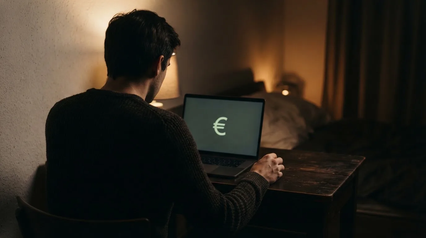 Una persona con gesto de duda mira la pantalla de un ordenador portátil en una habitación con poca luz por la noche.