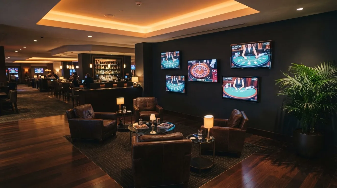 Fotografía de un salón de casino moderno con pantallas de transmisión en directo y sillones cómodos, ambiente cálido y profesional.