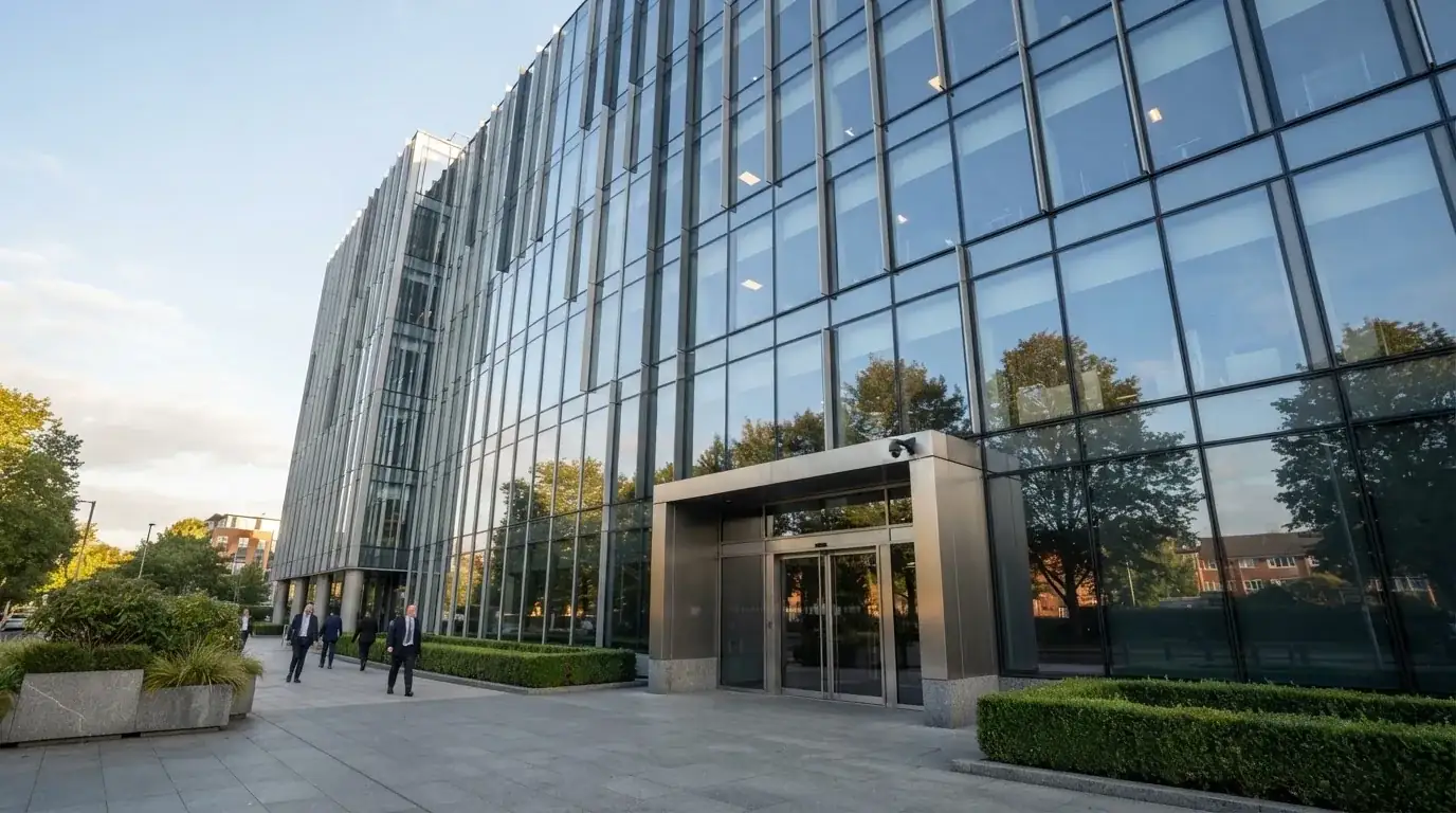 Fotografía de un edificio de oficinas corporativas con fachada de cristal, simbolizando la regulación y la supervisión del sector del juego.