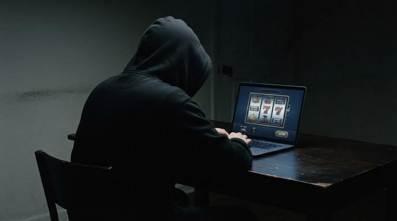 Fotografía de una persona con capucha usando un portátil en una habitación oscura, transmitiendo la idea de anonimato en línea.