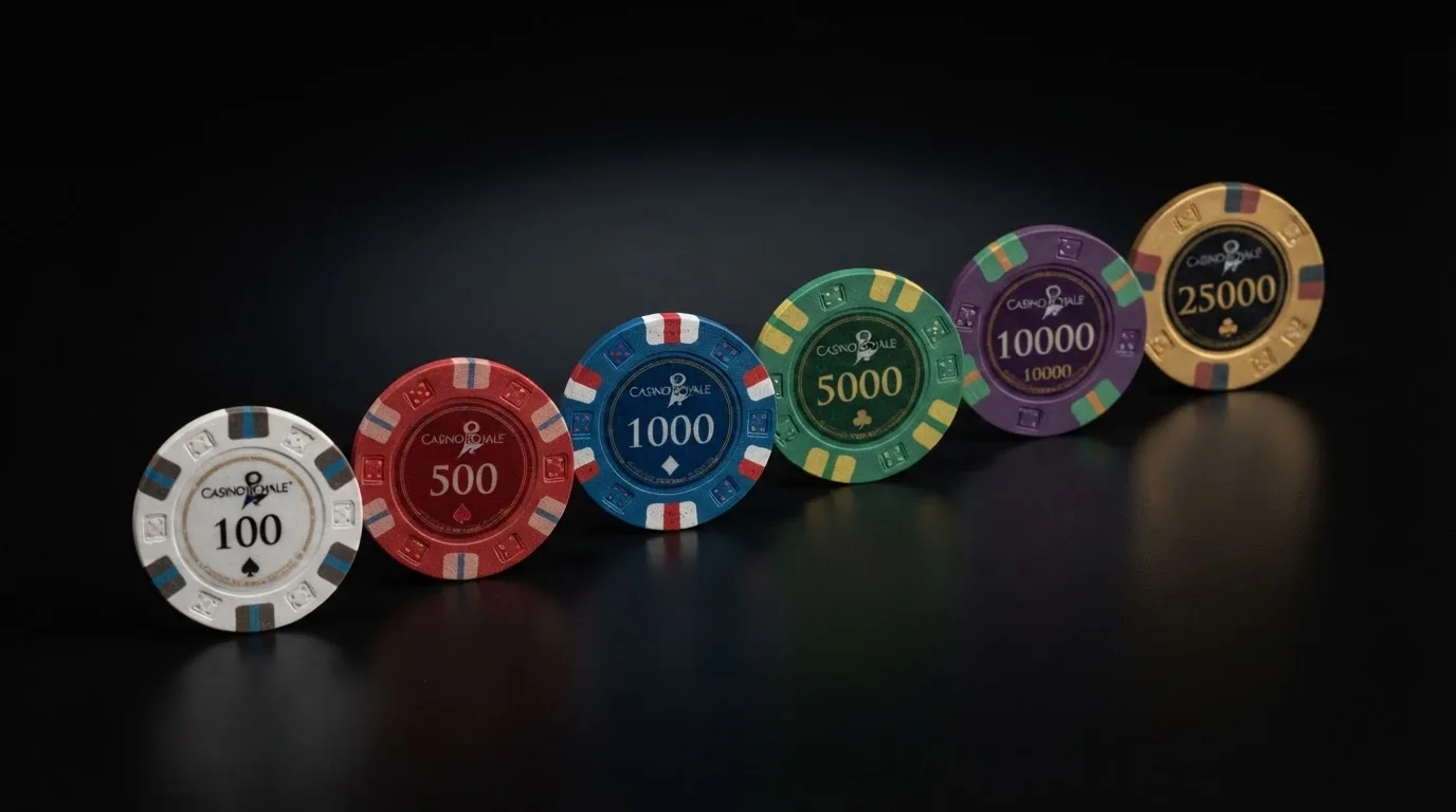 Fotografía de varias fichas de casino de distintos colores ordenadas en fila sobre una mesa oscura, luz de estudio.