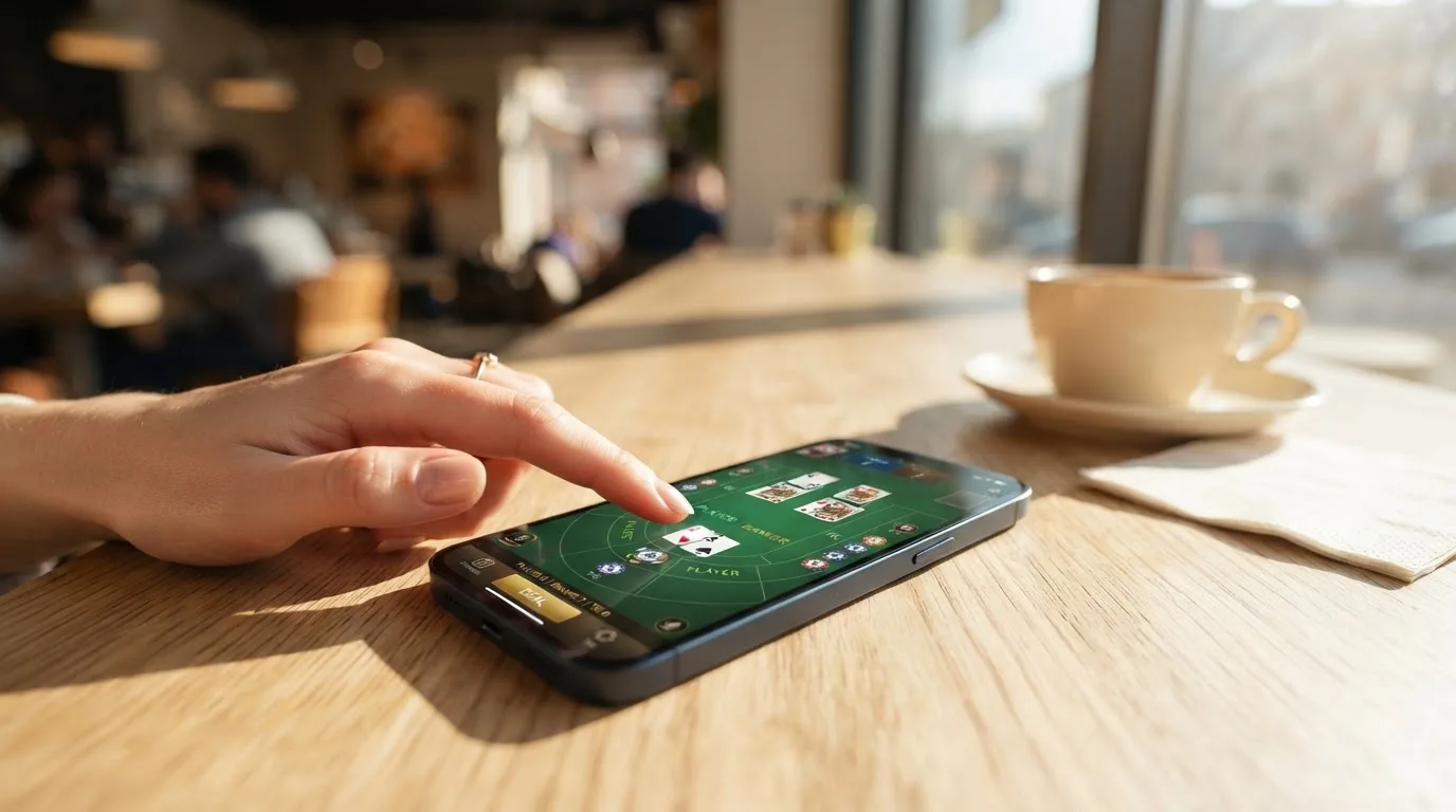 Fotografía de un dedo tocando la pantalla de un smartphone en una cafetería luminosa, ambiente relajado y cotidiano.