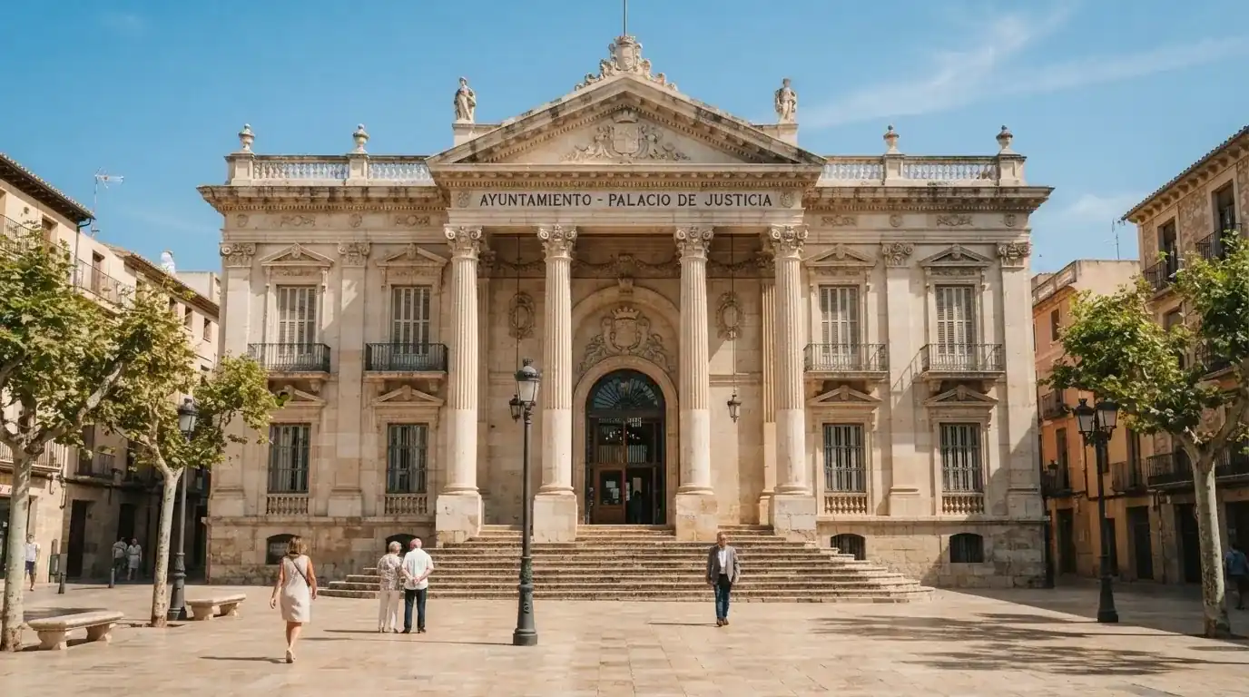 Fotografía de la fachada de un edificio institucional español con columnas clásicas bajo un cielo despejado.