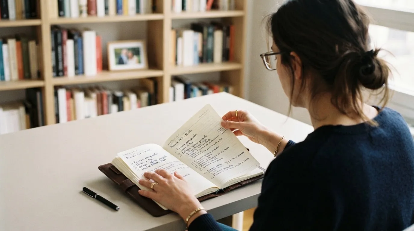 Una mujer con gafas revisa su agenda en un escritorio de oficina moderna con estanterías al fondo.