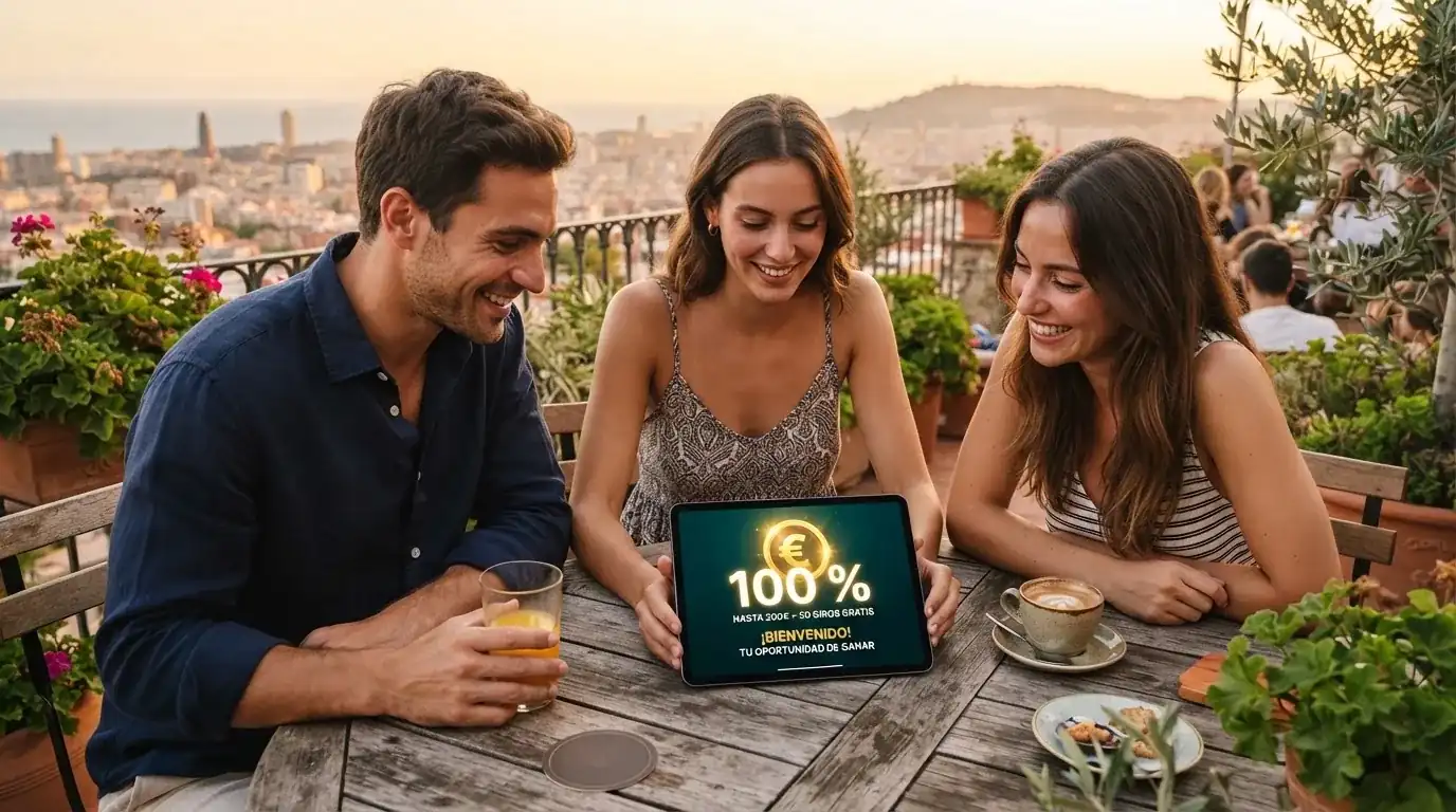 Un grupo de amigos revisa algo en una tableta sobre una mesa de madera en una terraza al aire libre.
