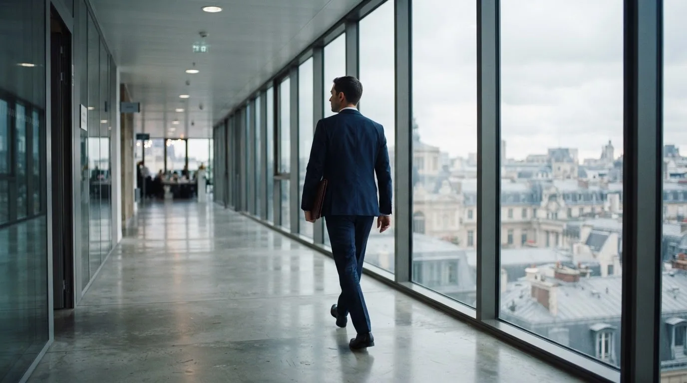 Un hombre con traje camina por el pasillo de un edificio de oficinas moderno con grandes ventanales.