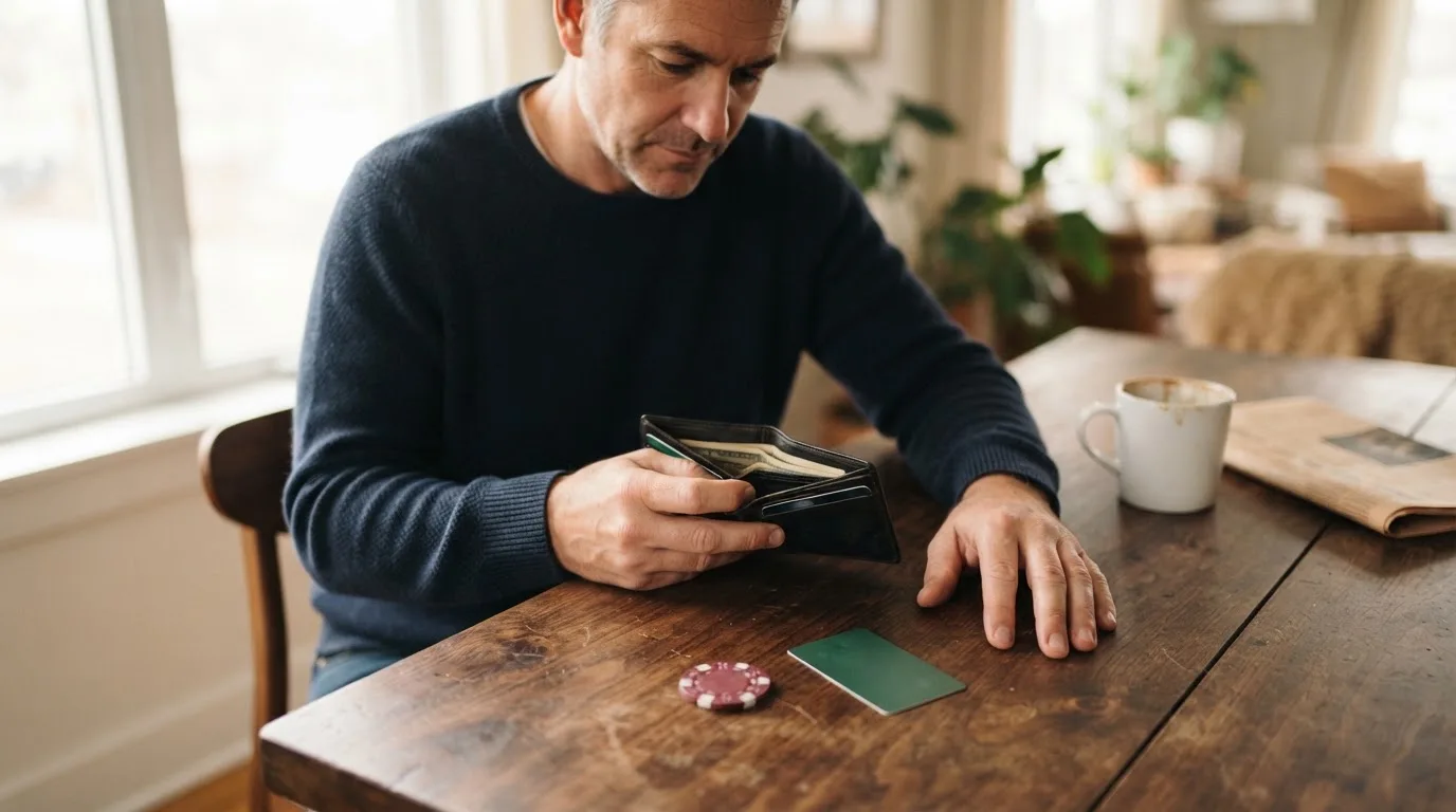 Un hombre revisa su cartera con tarjetas y monedas sobre una mesa de madera en casa.