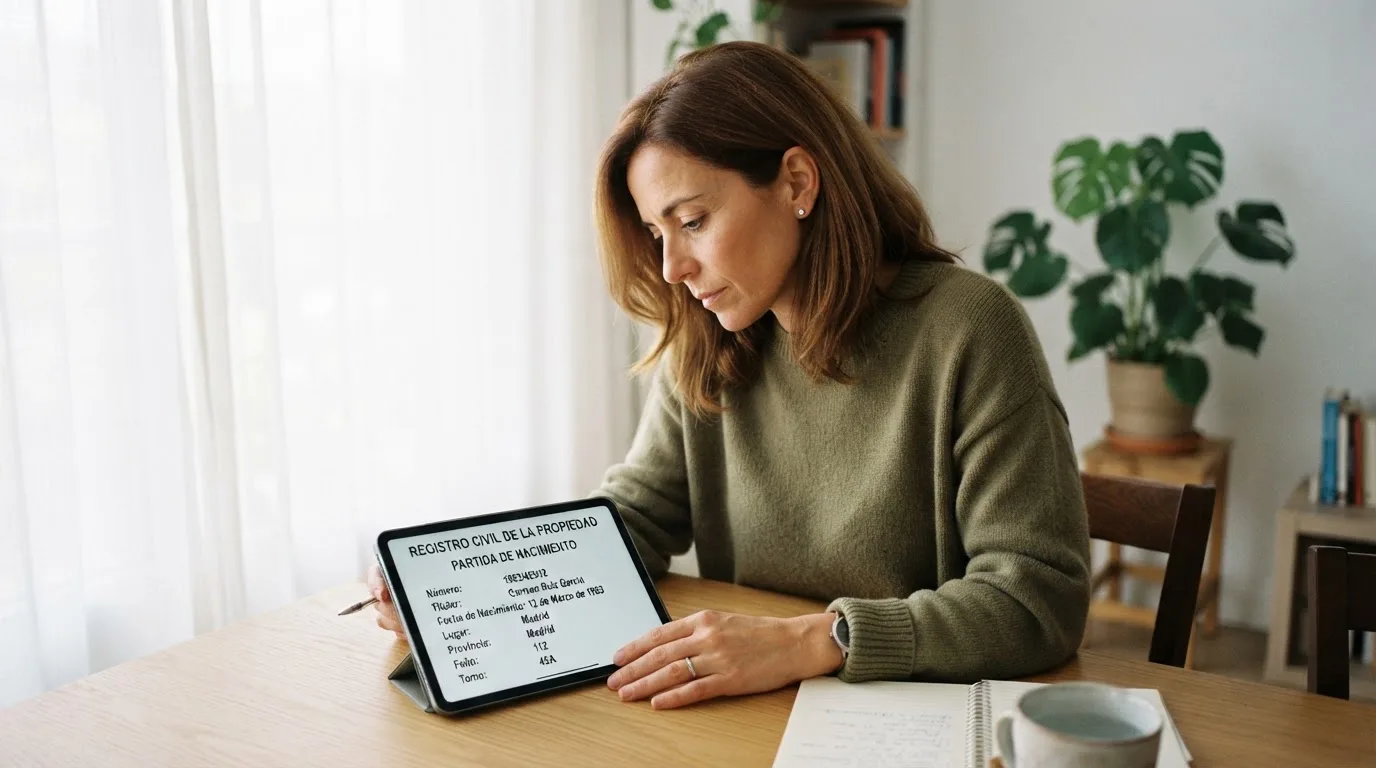 Una mujer consulta información oficial en la pantalla de su tableta, sentada junto a una ventana con luz natural.
