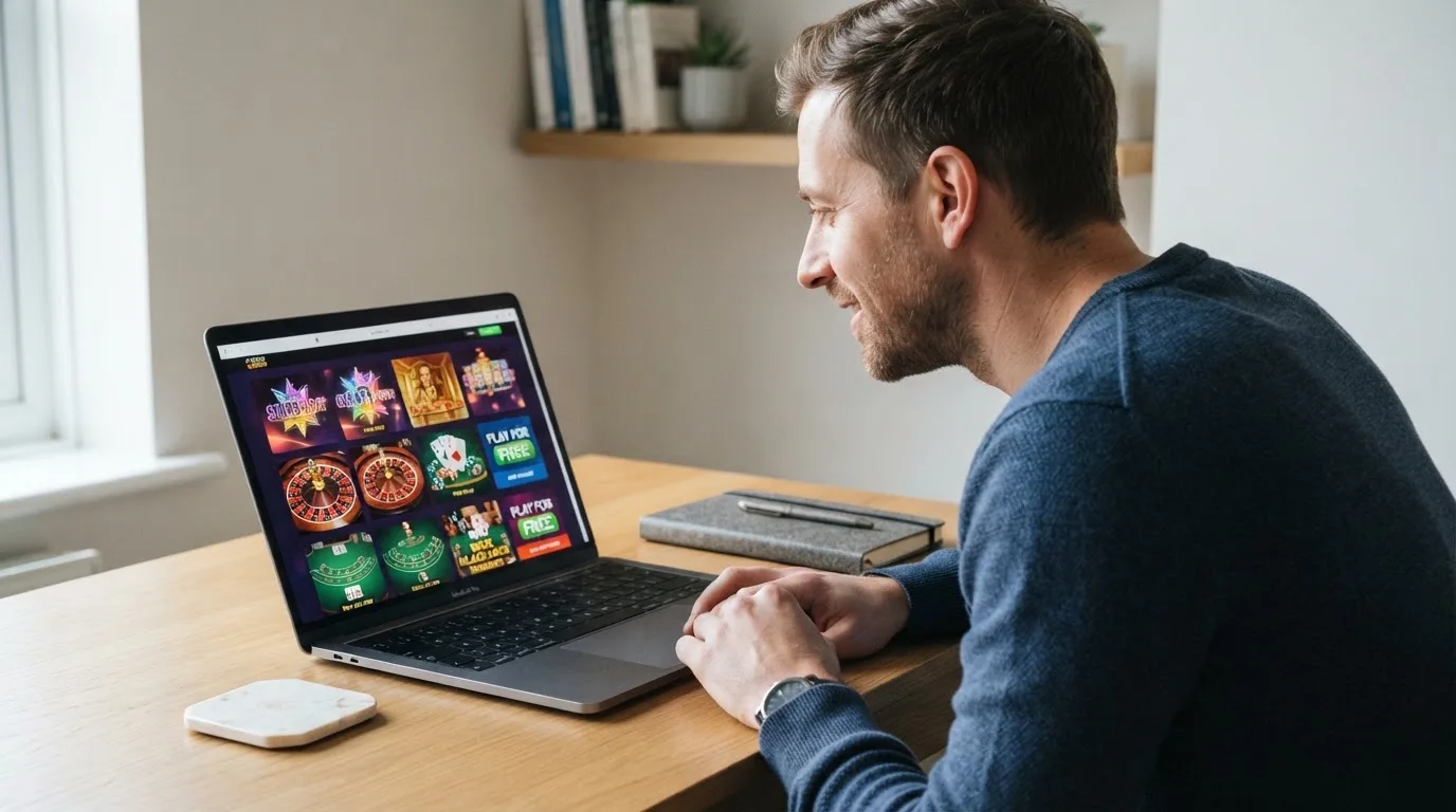 Un hombre explora distintos juegos gratuitos de casino en la pantalla de su ordenador portátil, sentado en su escritorio.