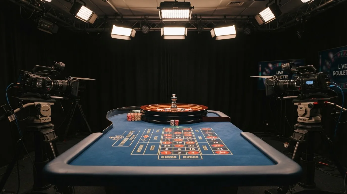 Una mesa de ruleta en vivo vacía momentos antes de empezar la retransmisión, con luces de estudio profesional encendidas.
