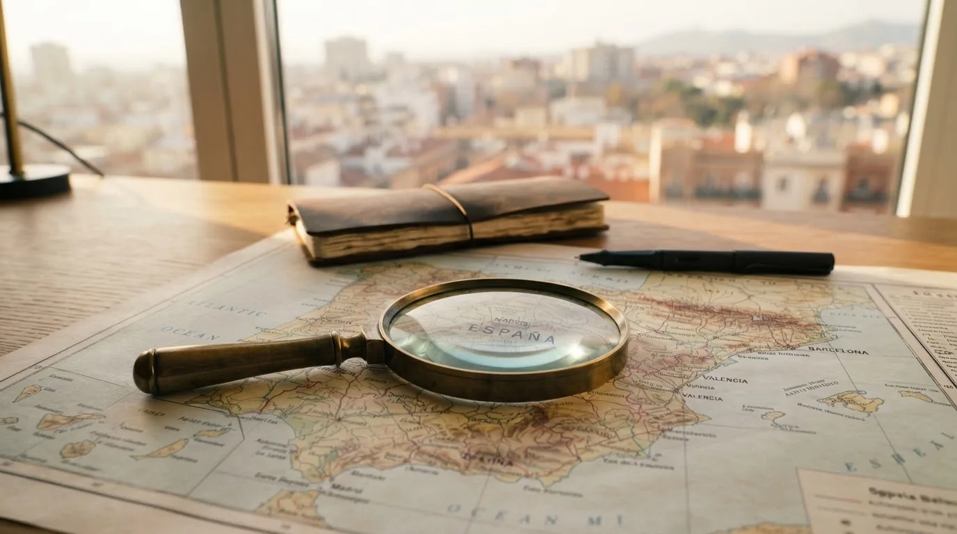 Una lupa sobre un mapa de España iluminado en un escritorio de oficina, con una ventana al fondo desenfocada.