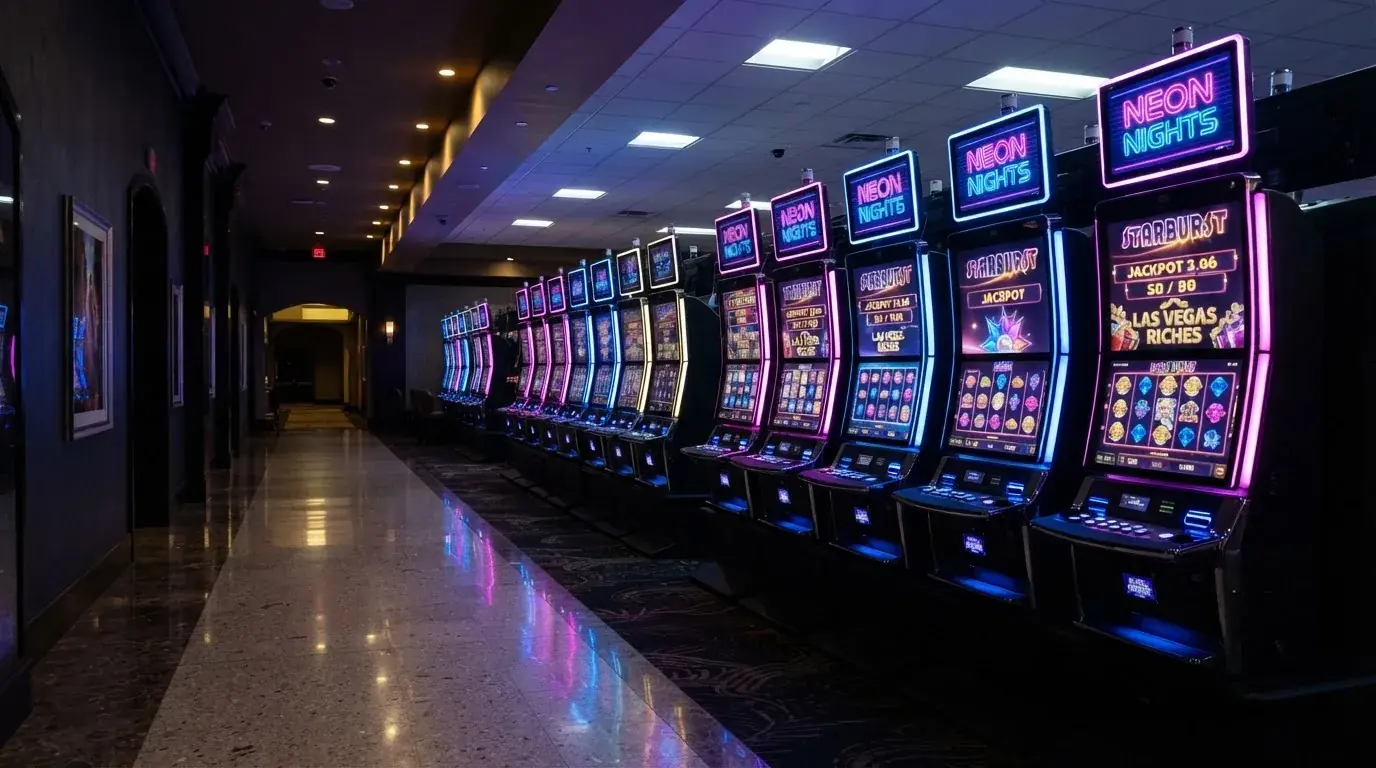 Una hilera de máquinas tragaperras modernas con luces de colores encendidas, fotografiada en un pasillo de casino vacío.