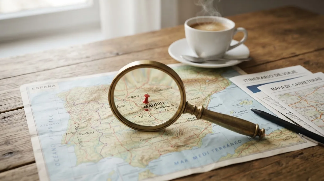 Una lupa sobre un mapa de España colocado en un escritorio de madera junto a una taza de café humeante.
